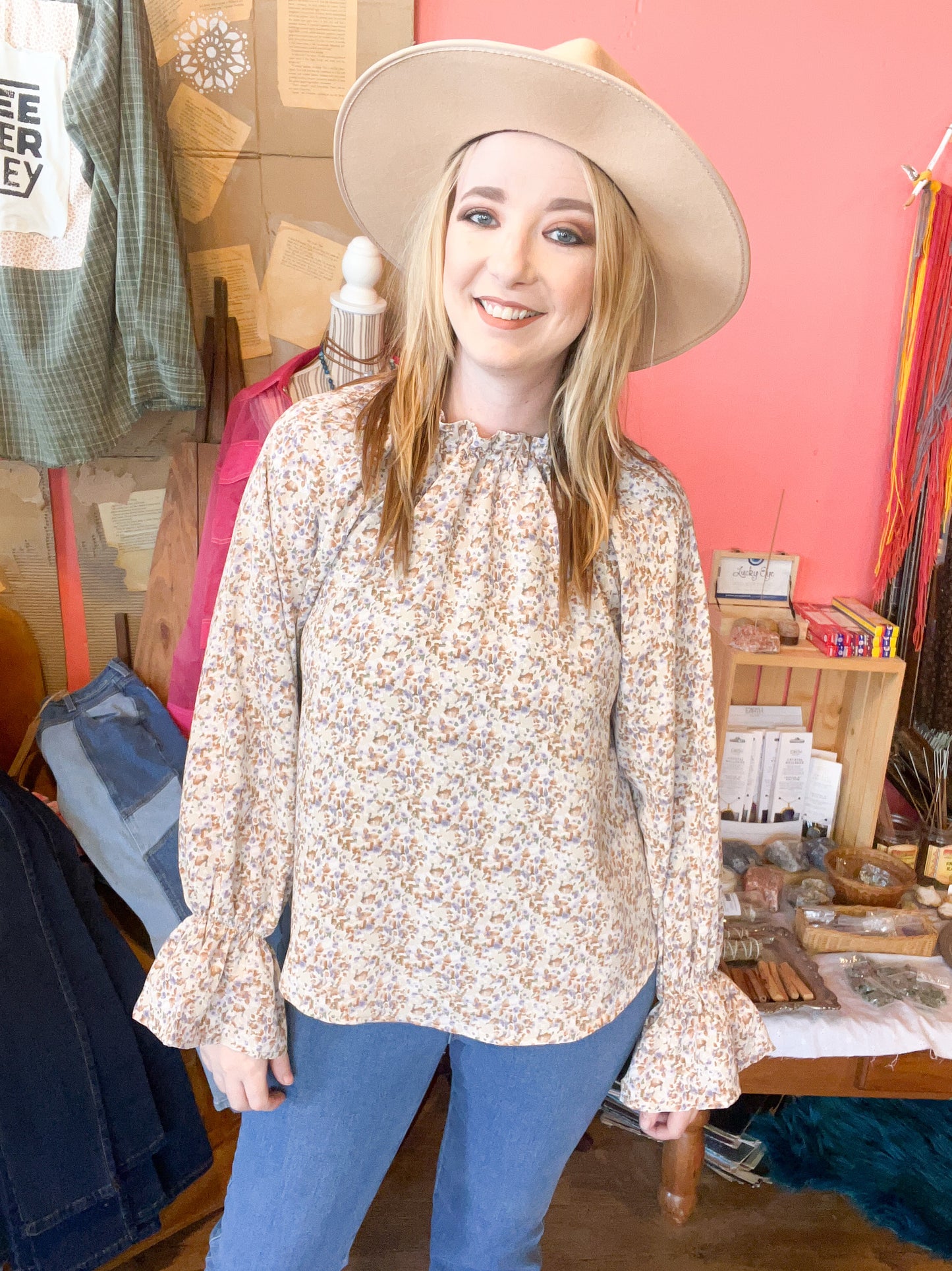 Janie Floral Print Raglan Long Sleeve Blouse