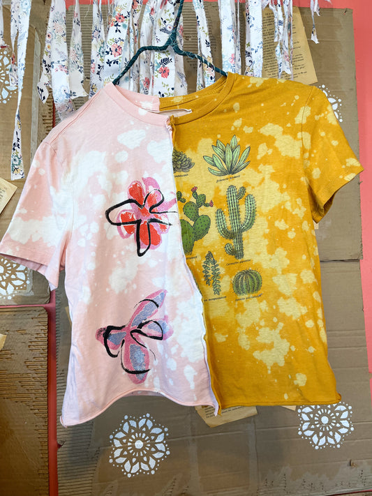Upcycled Pink Floral And Mustard Cactus Graphic Tee