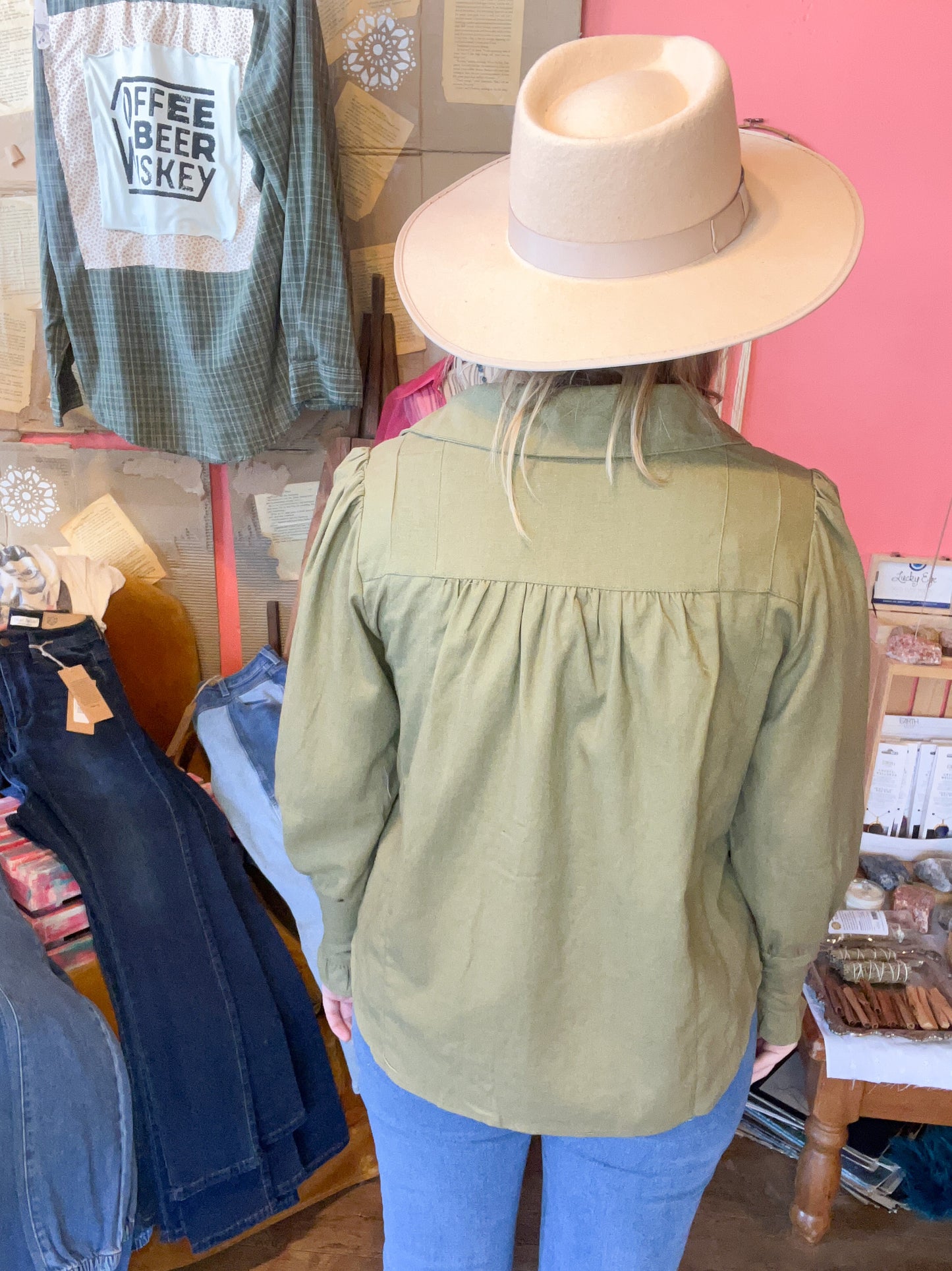 Serenity Peasant Style Solid Olive Long Sleeve Blouse