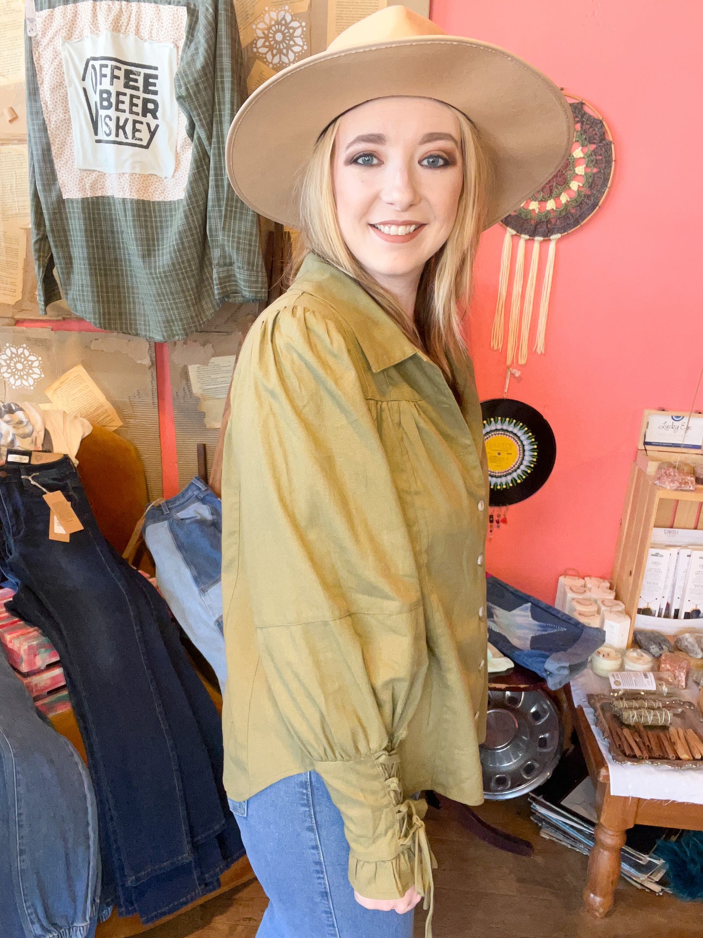 Serenity Peasant Style Solid Olive Long Sleeve Blouse