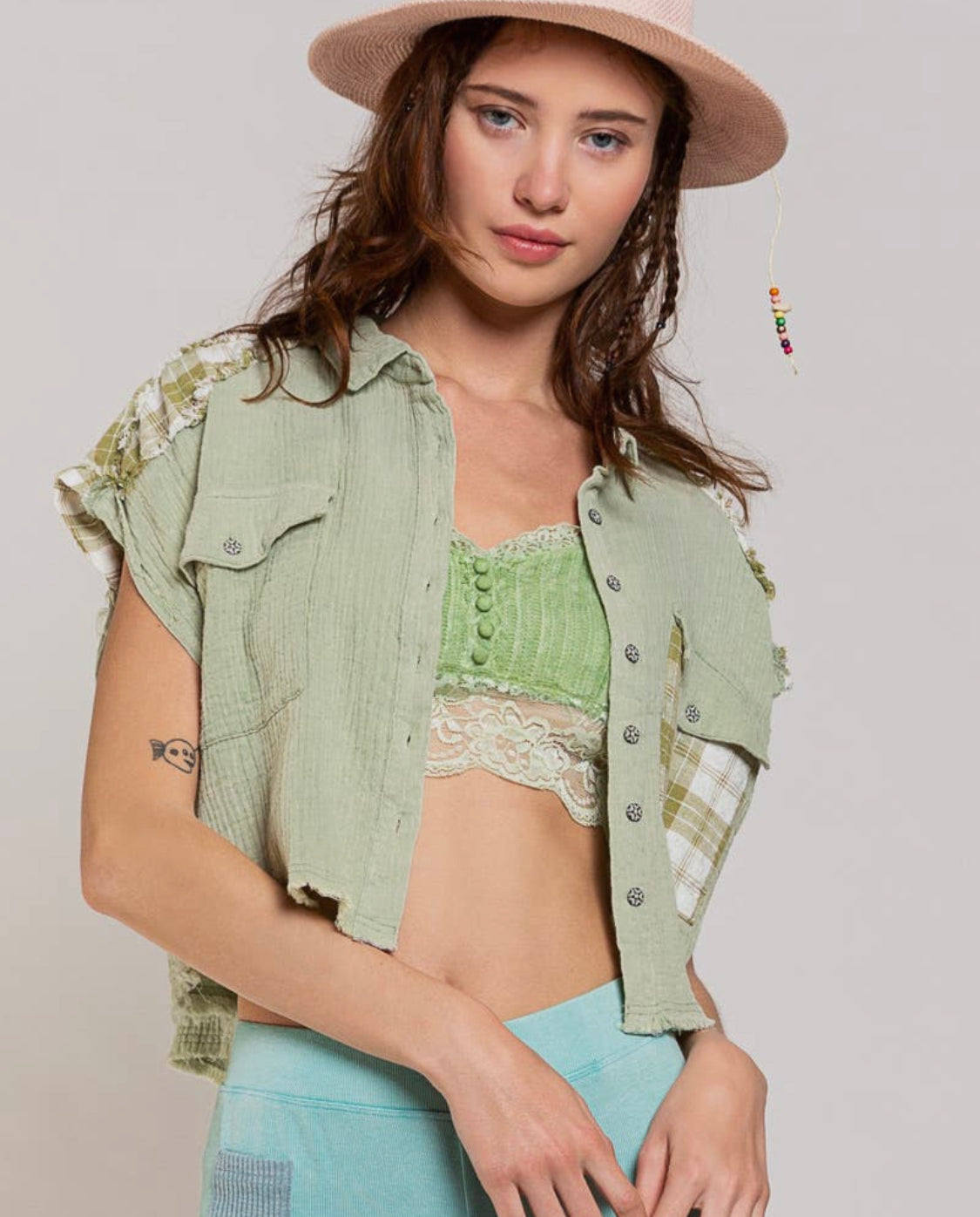 Forever Now Sage Green Contrast Plaid Woven Buttonup Top
