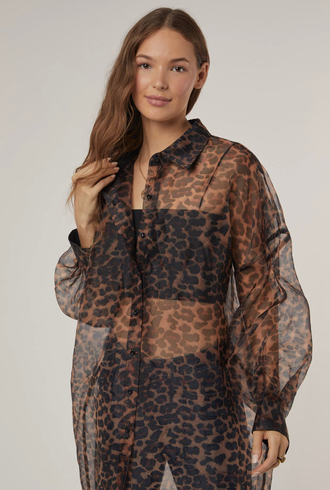 Stacie oversized leopard print long organza button up top