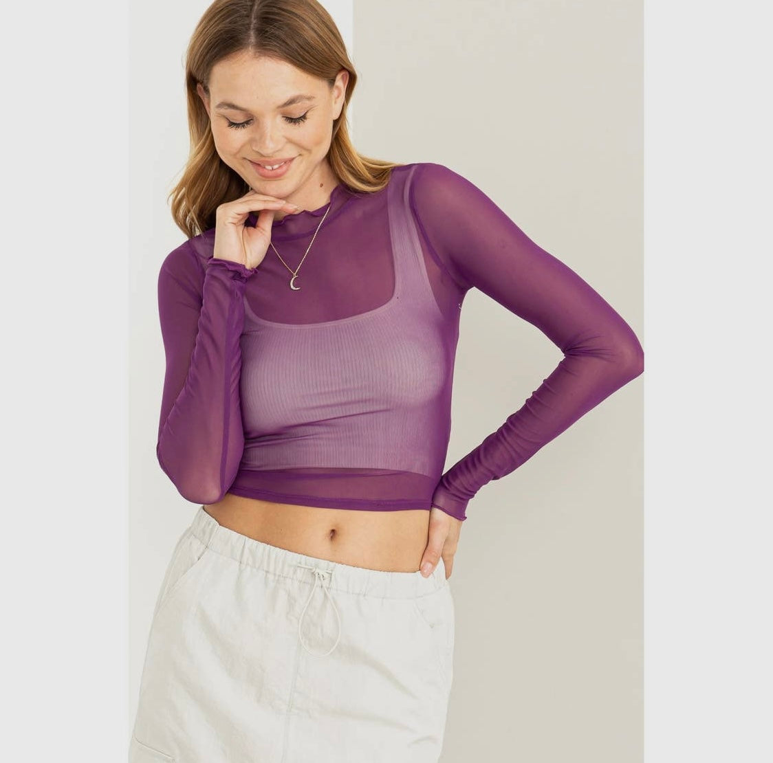 Mia Long Sleeve Purple Mesh High Neck Layering Top – Modish Boho