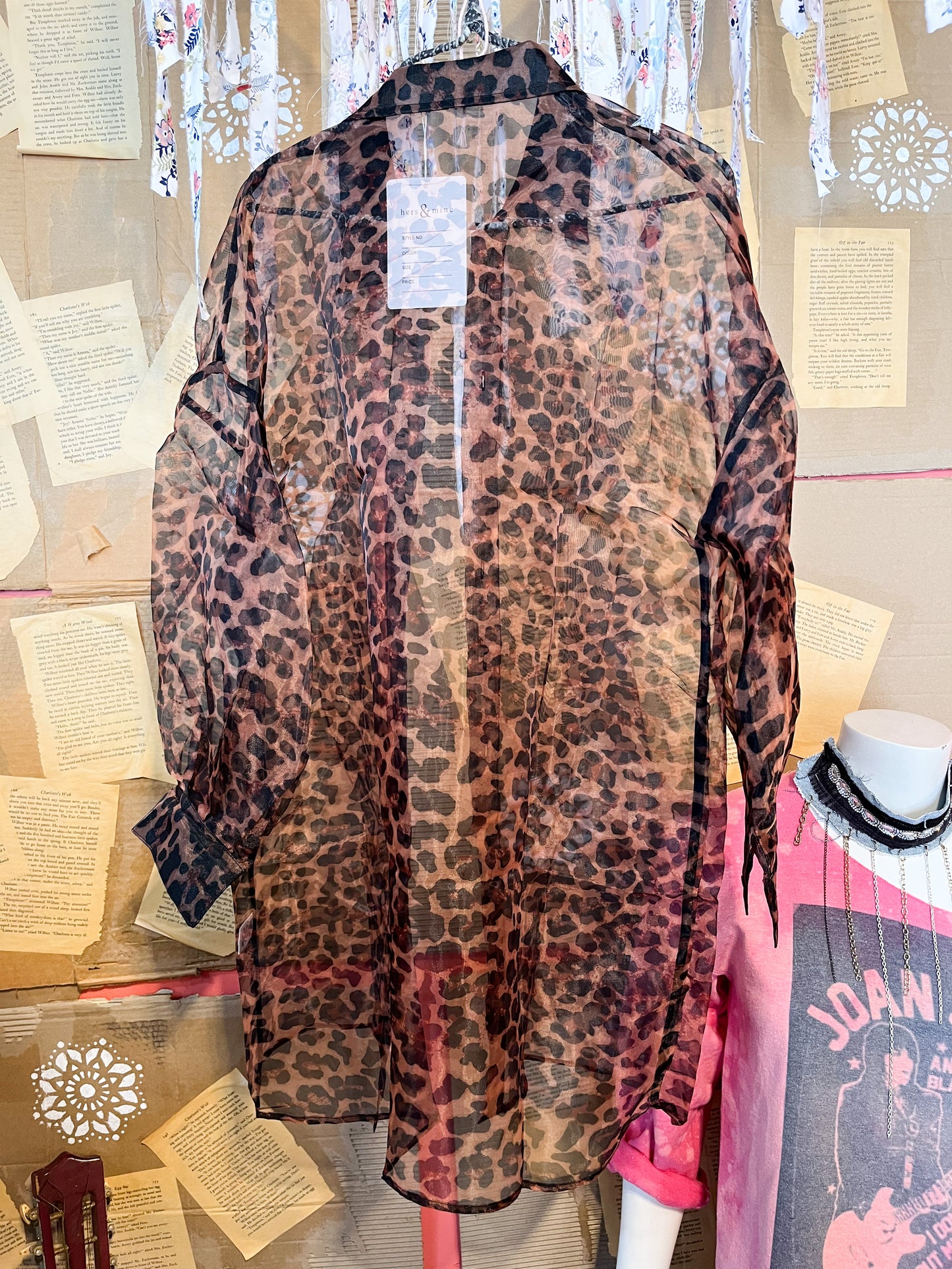 Stacie oversized leopard print long organza button up top