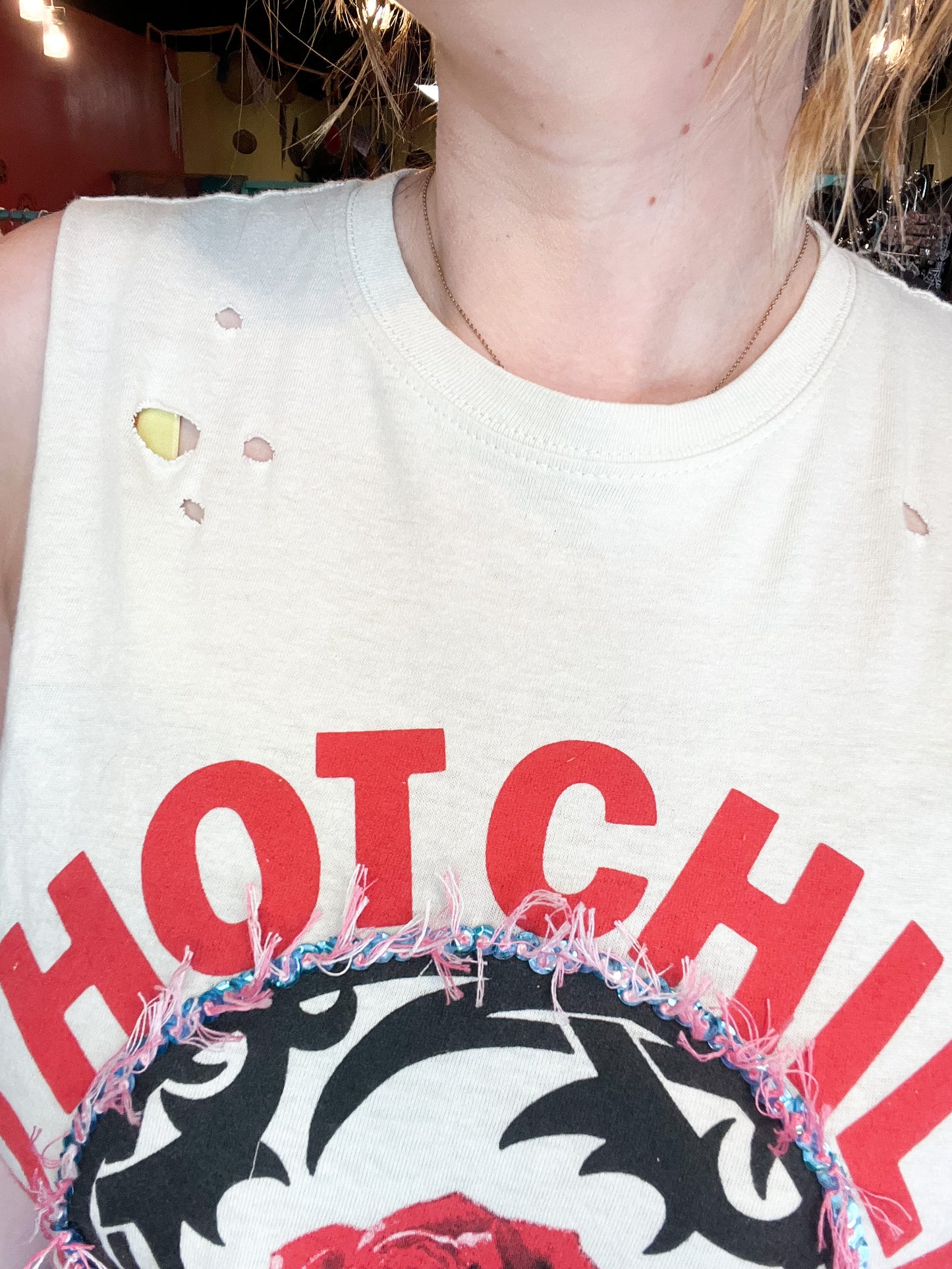 Upcycled fur fringe tail sequin chilli pepper tank