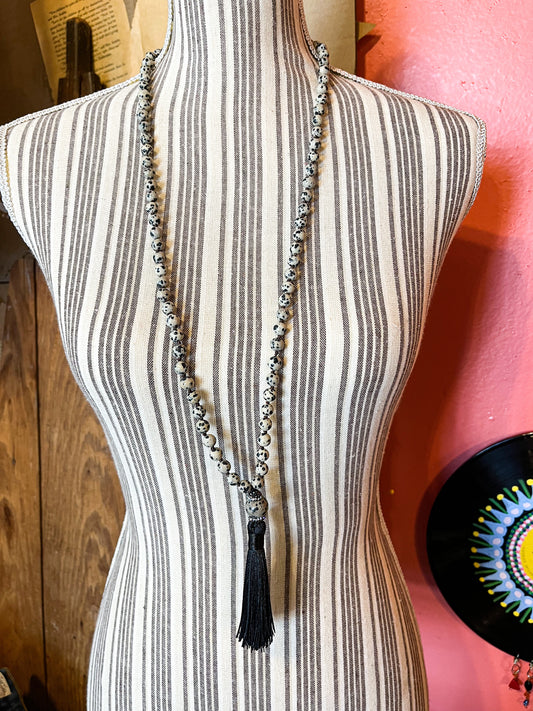 Amara Dalmatian Jasper Bead Tassel Pendant Necklace