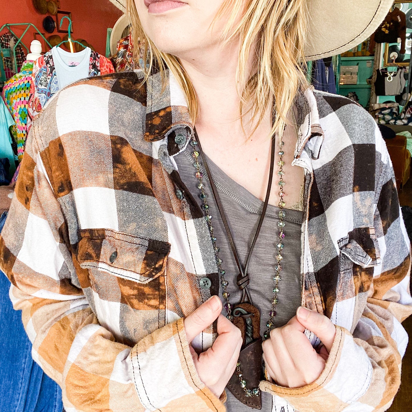 Nina black and white bleached plaid distressed flannel