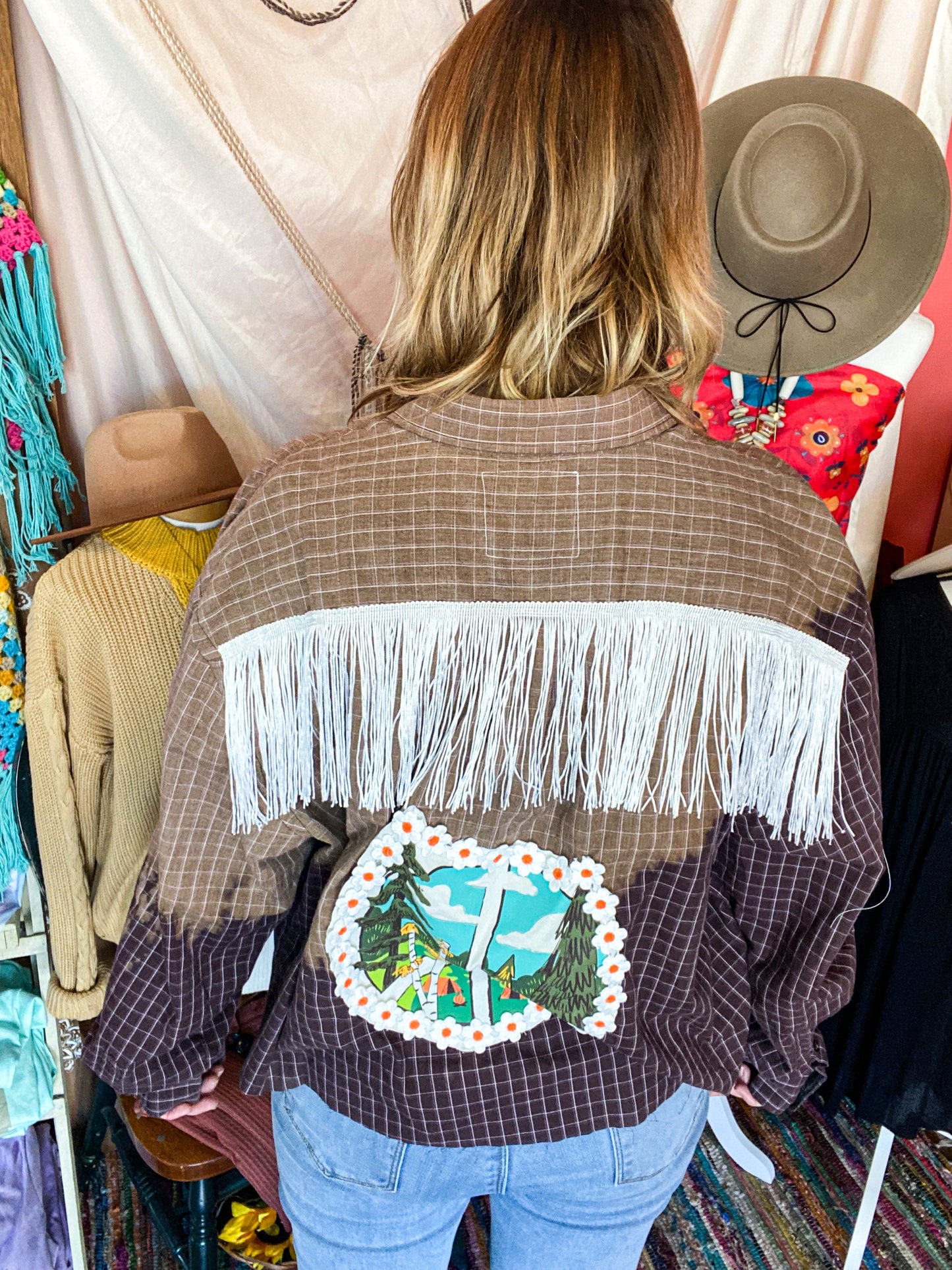 Peace sign forest graphic tee fringe back bleached flannel top