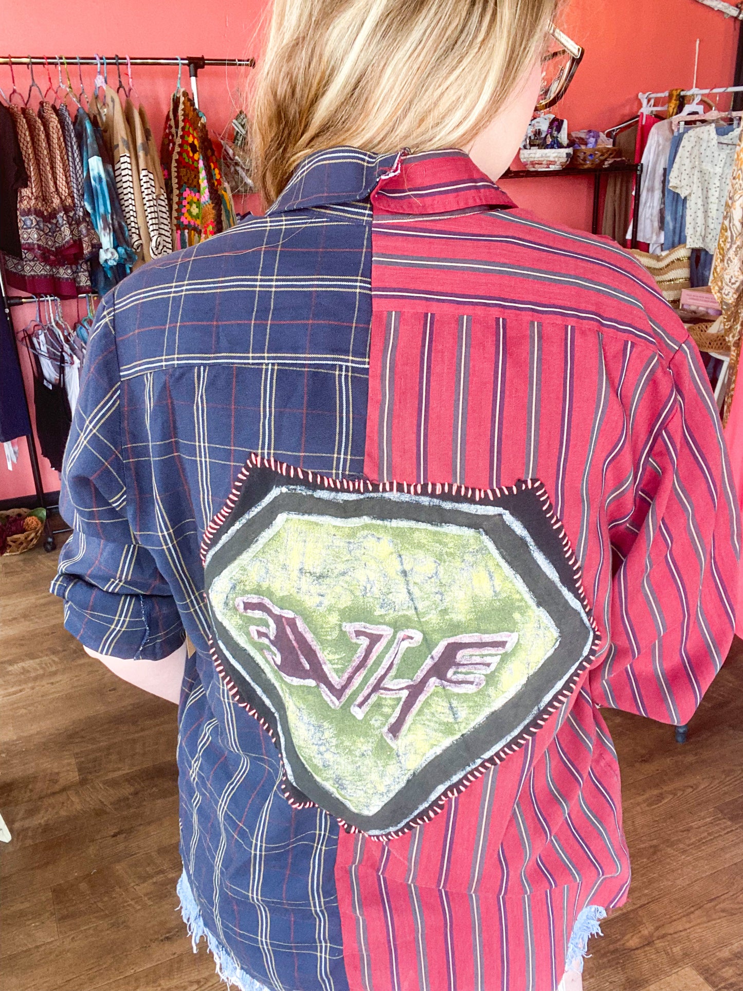 Mix matched sides painted back plaid button up