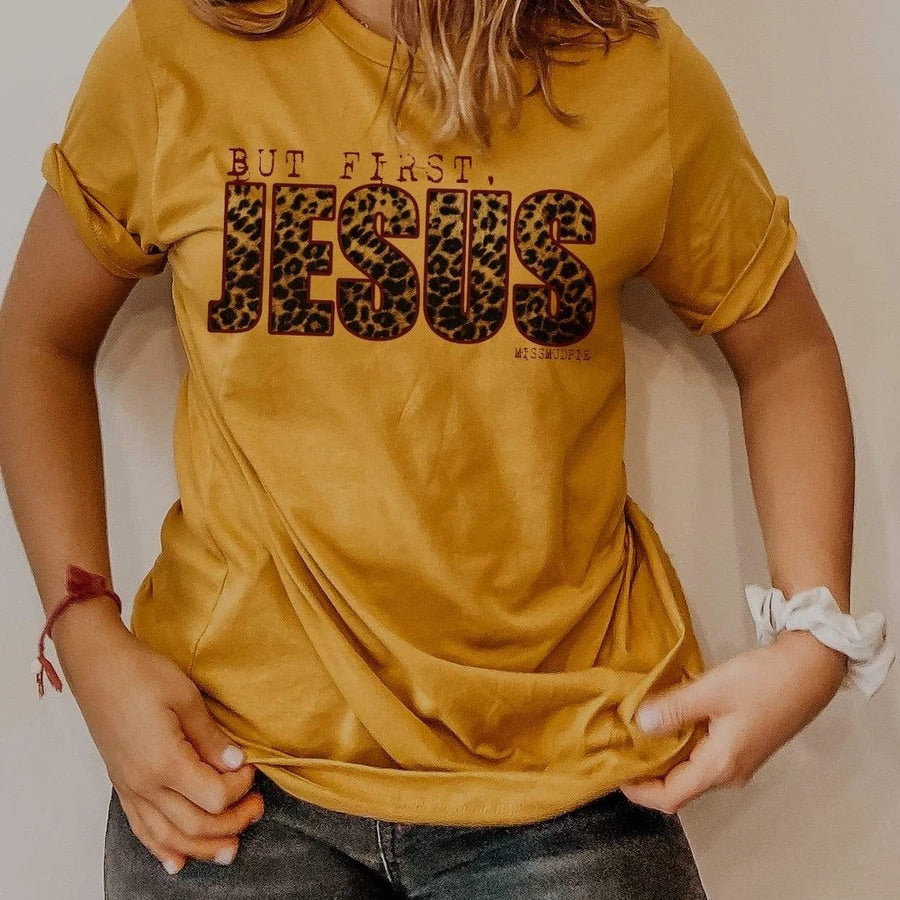 But First Jesus Leopard Print Mustard Yellow Graphic Tee