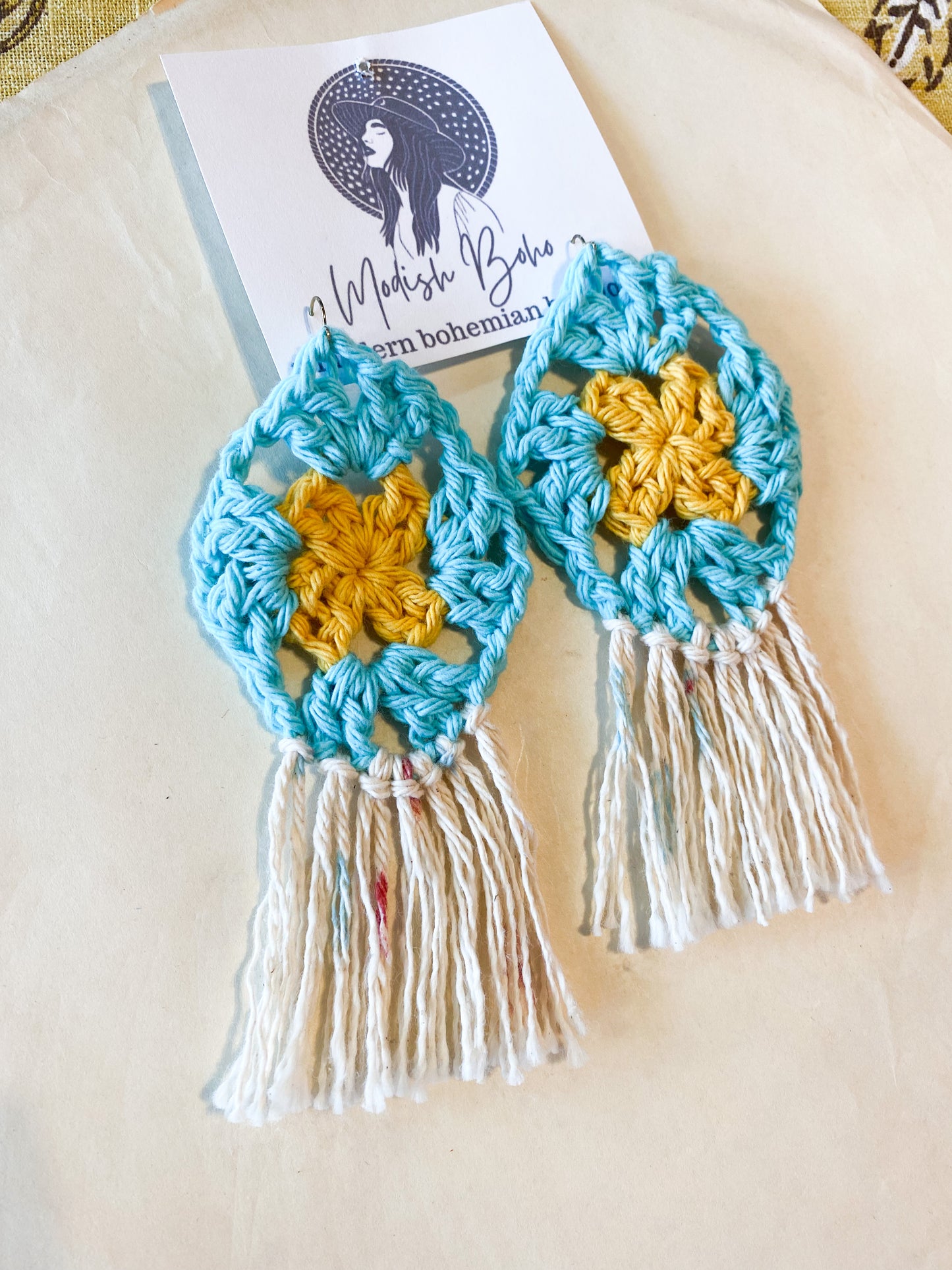 Granny square fringe macramé earrings