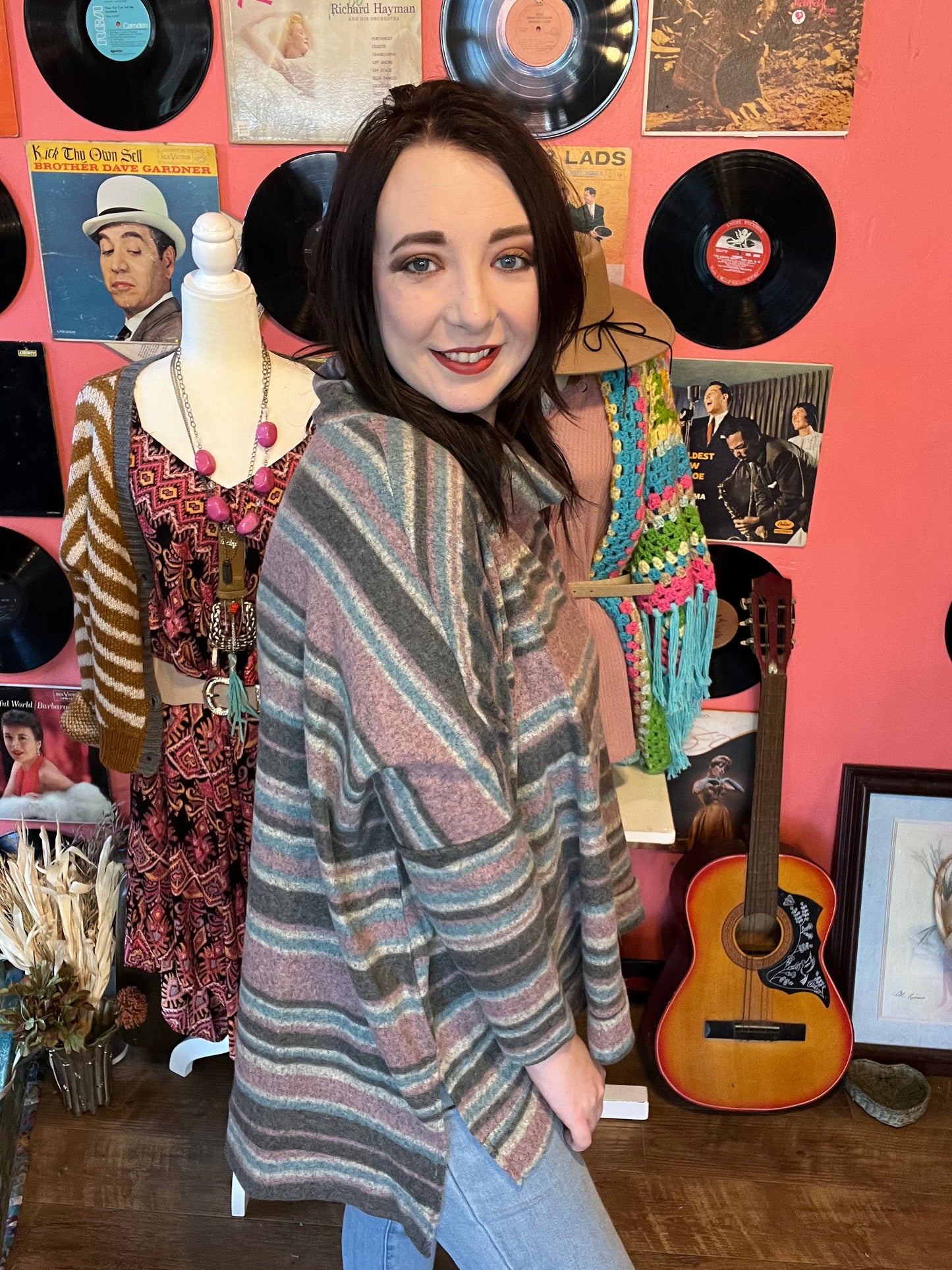 Striped fleece poncho top