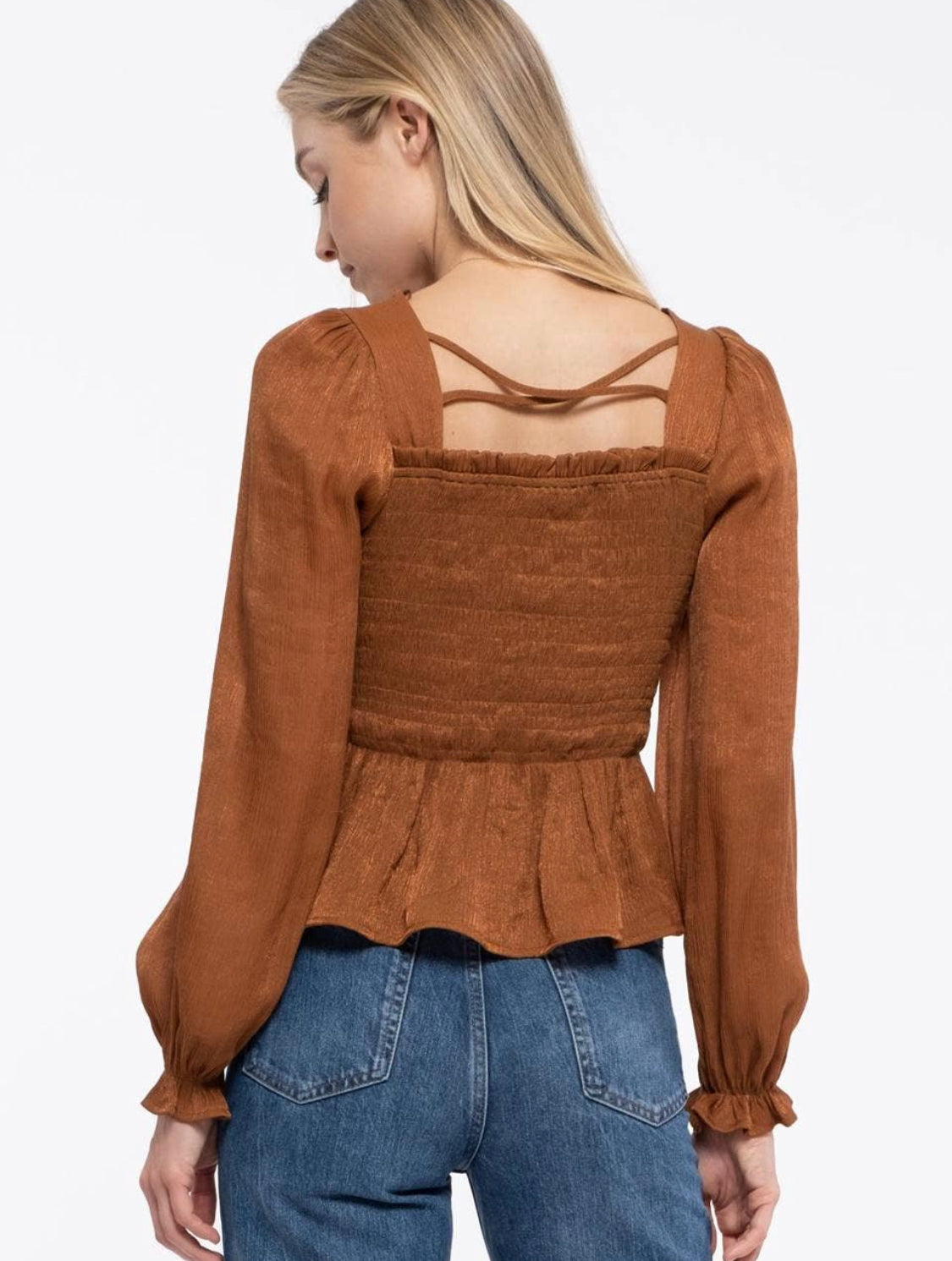 Ellie Smocked Peplum Rust Long Sleeve Blouse
