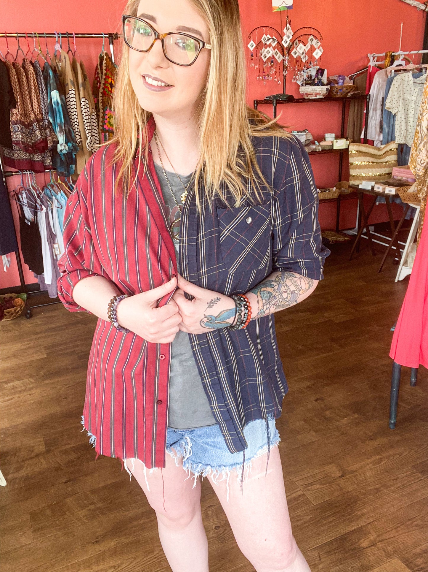 Mix matched sides painted back plaid button up