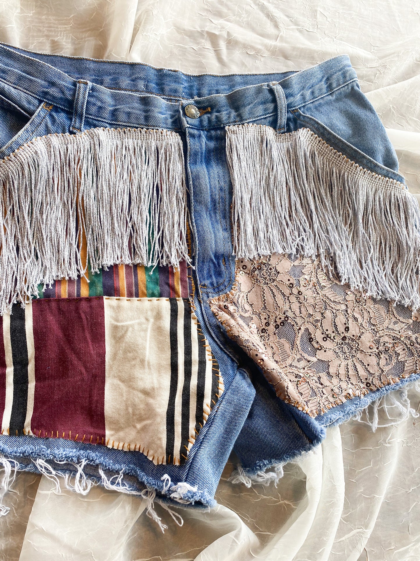 Upcycled shorts size 36 inches (6-10) fringe patchwork