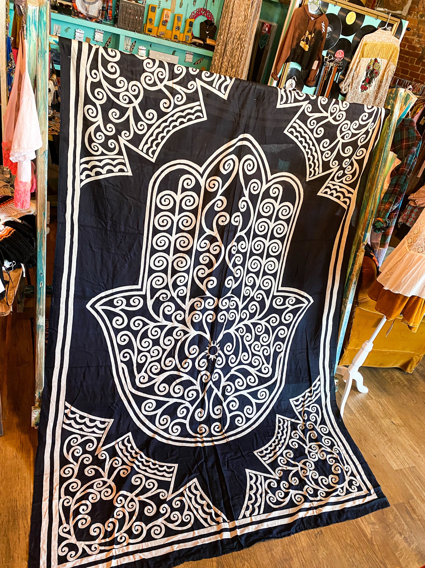 Hamsa Hand Black and White Full Tapestry 72" by 108"