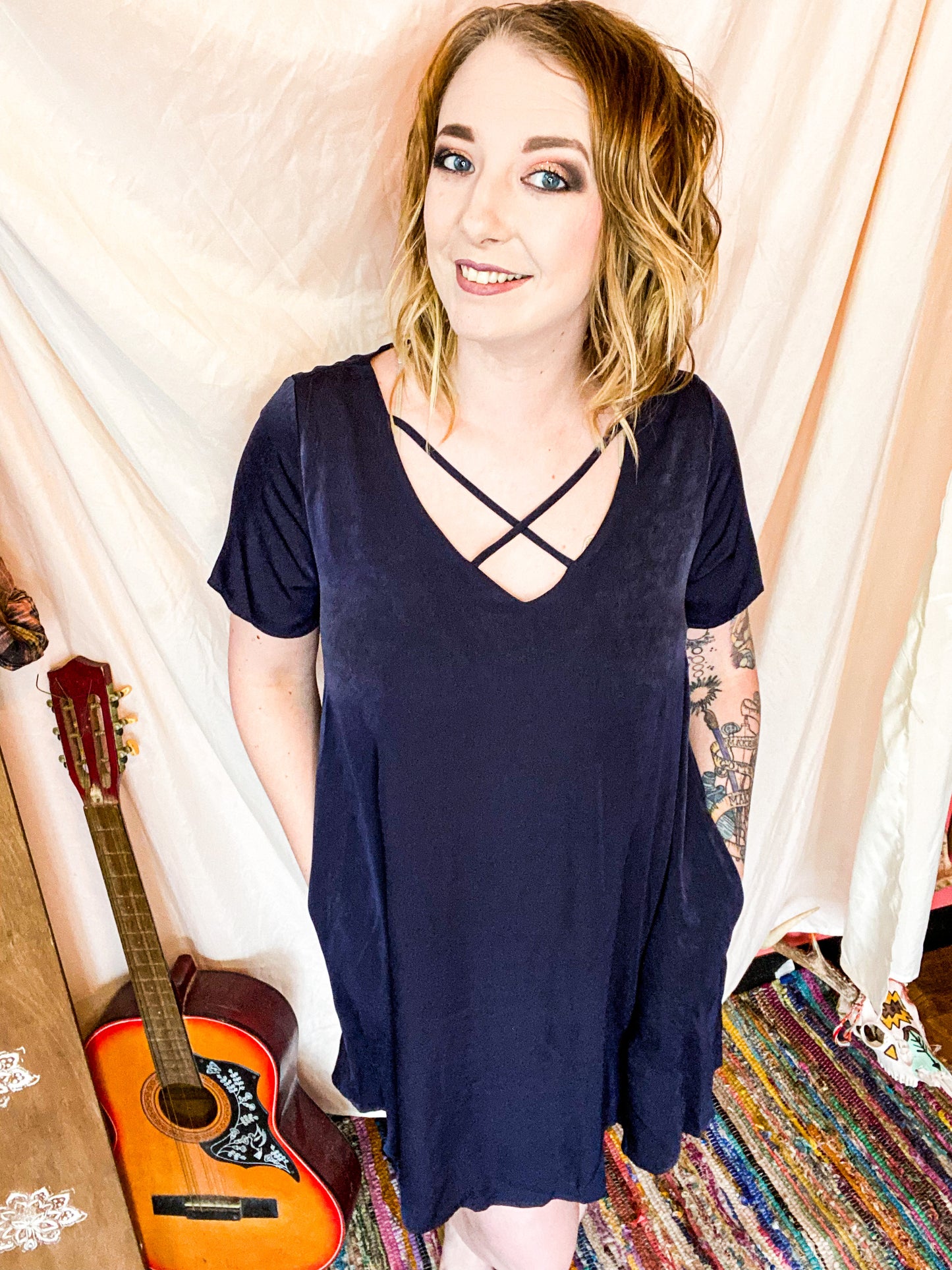 Midnight Navy Crisscross Neckline Dress