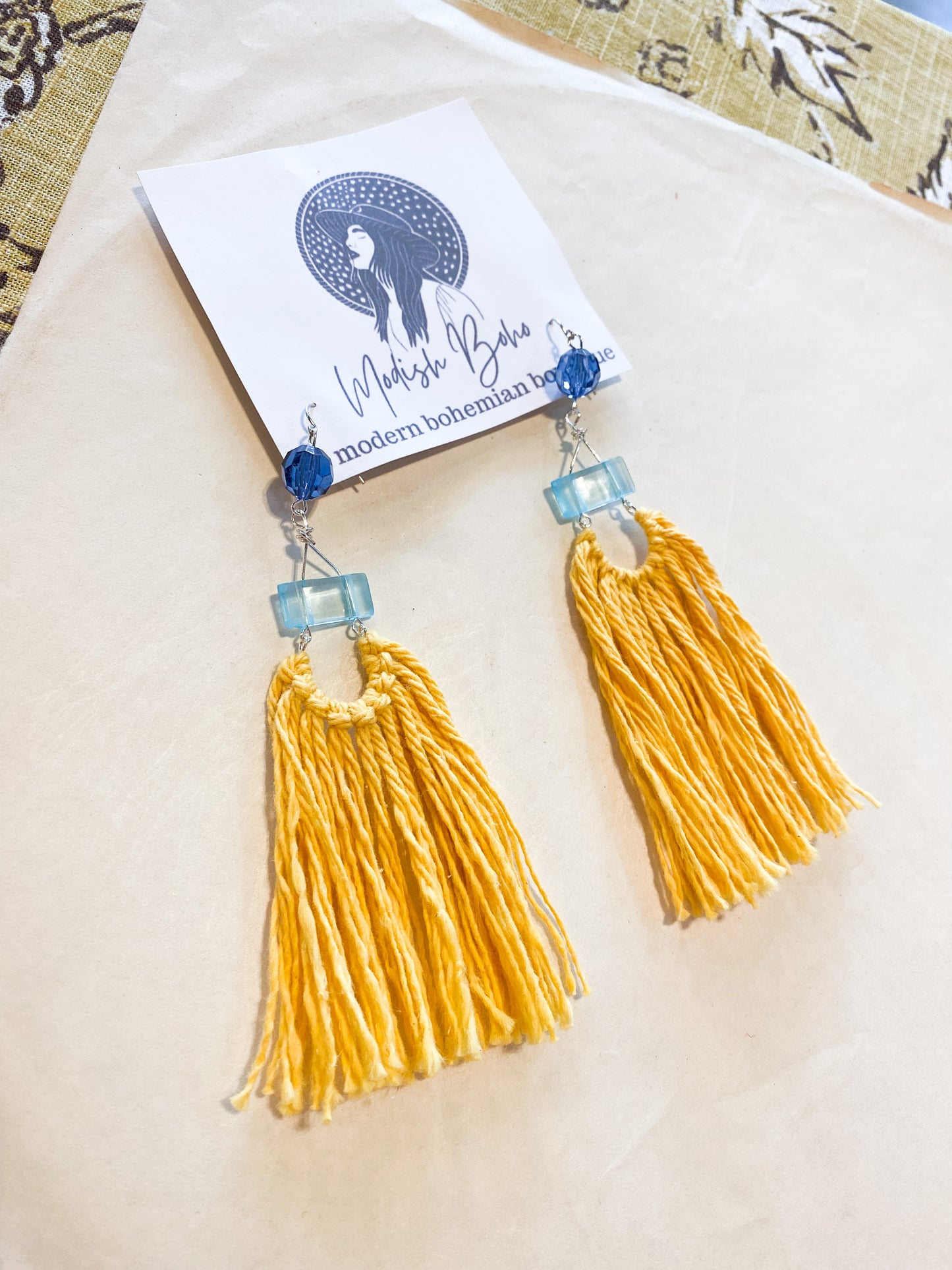Dark blue & light Beaded fringe macramé earrings