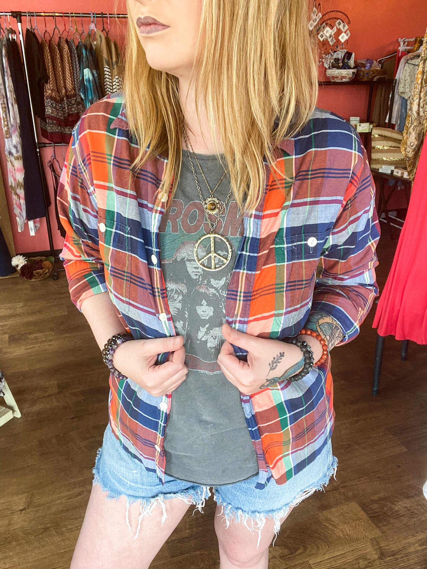 Free Will bleached button up flannel top