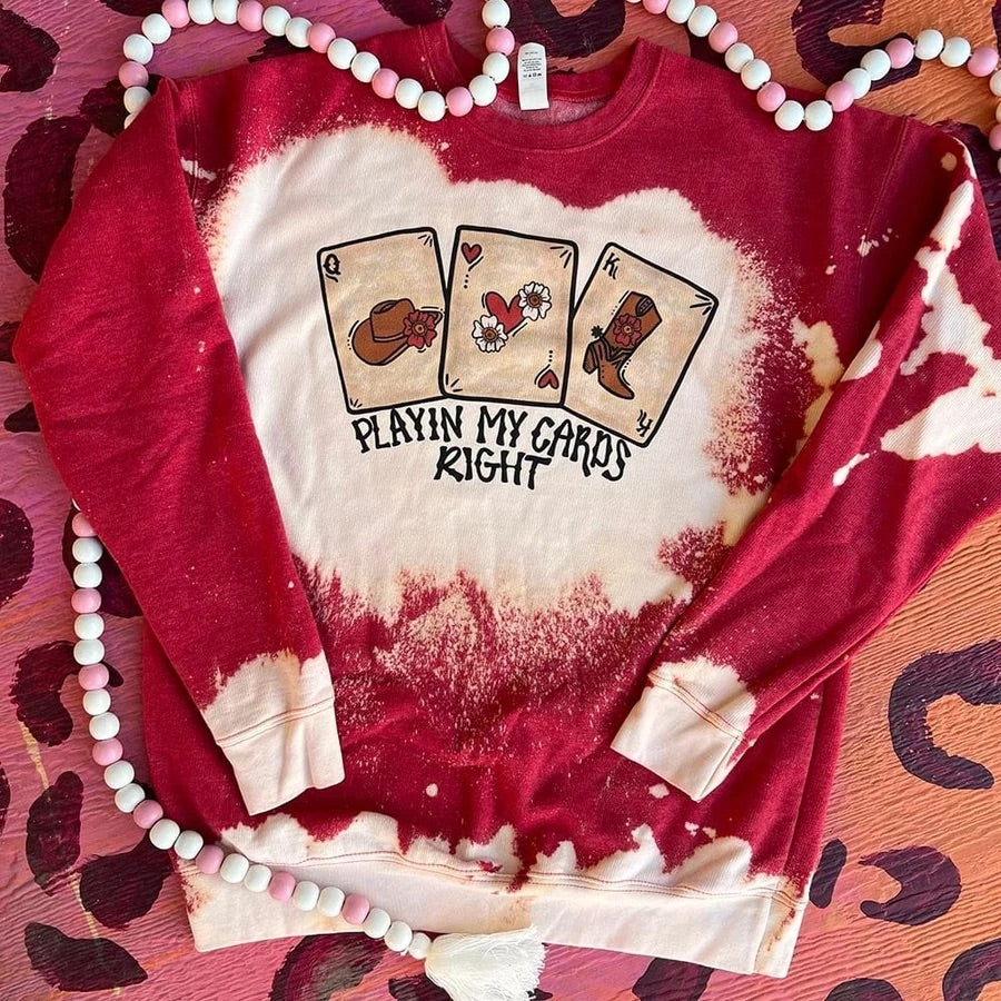 Playing My Cards Right Bleached Red Graphic Sweatshirt