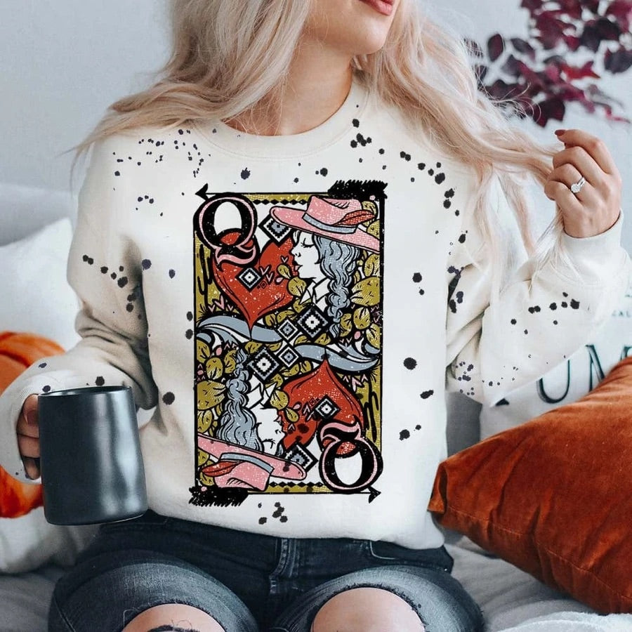 Queen of Hearts Paint Splattered Western Graphic Sweatshirt