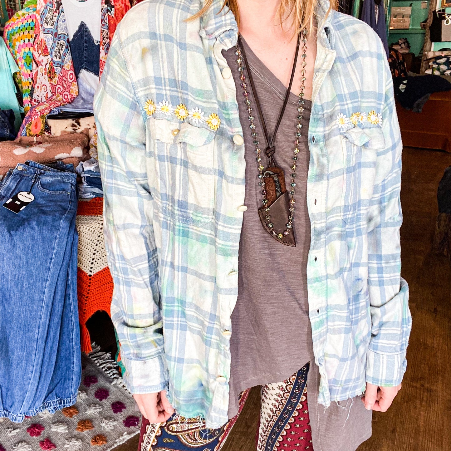 Lindsay blue plaid tie dye with sunflowers flannel