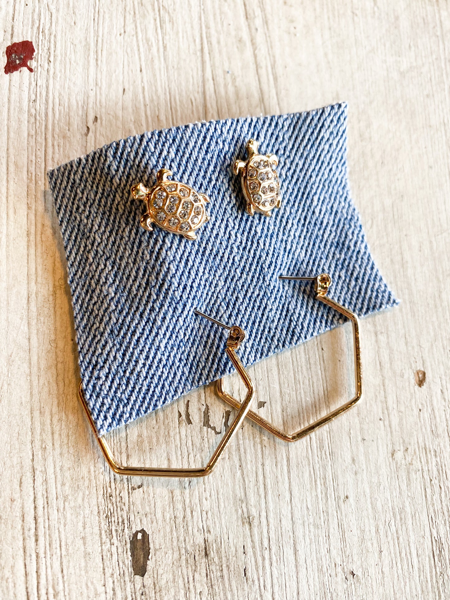 Turtle rhinestone gold hoop earring stud set
