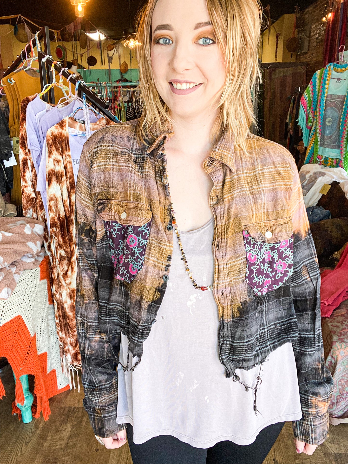 Sherri bleached and distressed cropped floral pocket flannel