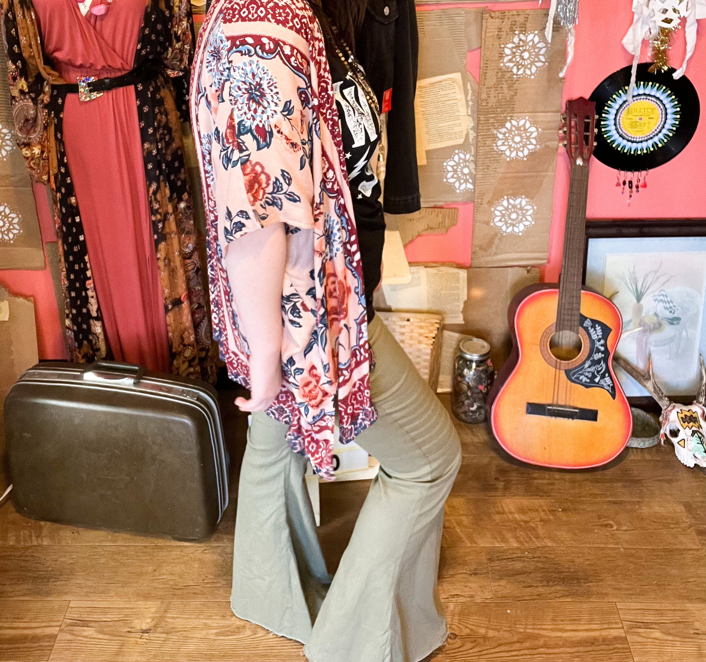 Olive green moto stretchy denim flare jeans
