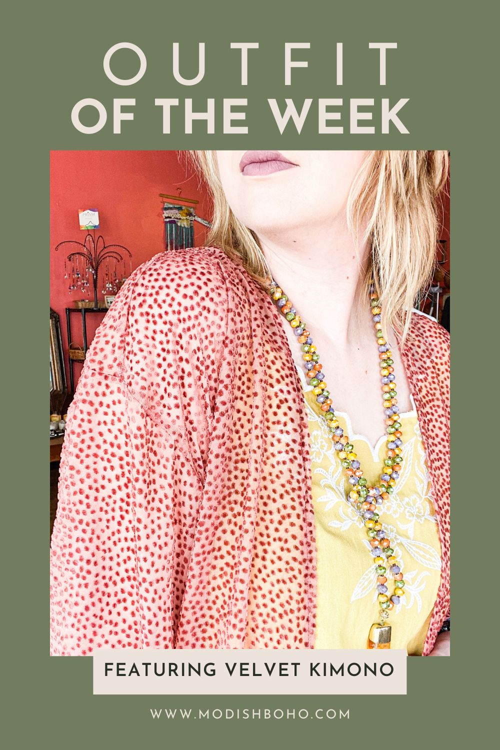 Outfit of the week featuring a bohemian style velvet burnout dot fringe kimono