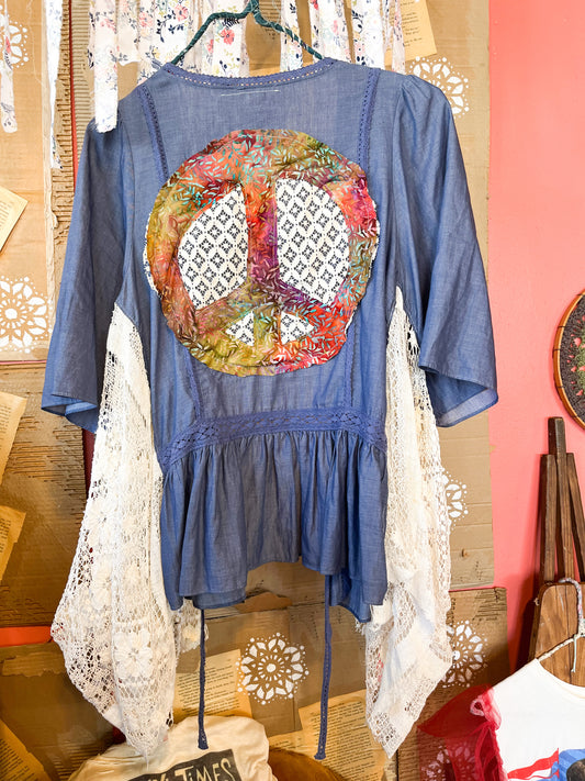 Upcycled Vintage Style Cottage Cardigan with Lace and Peace Sign Back