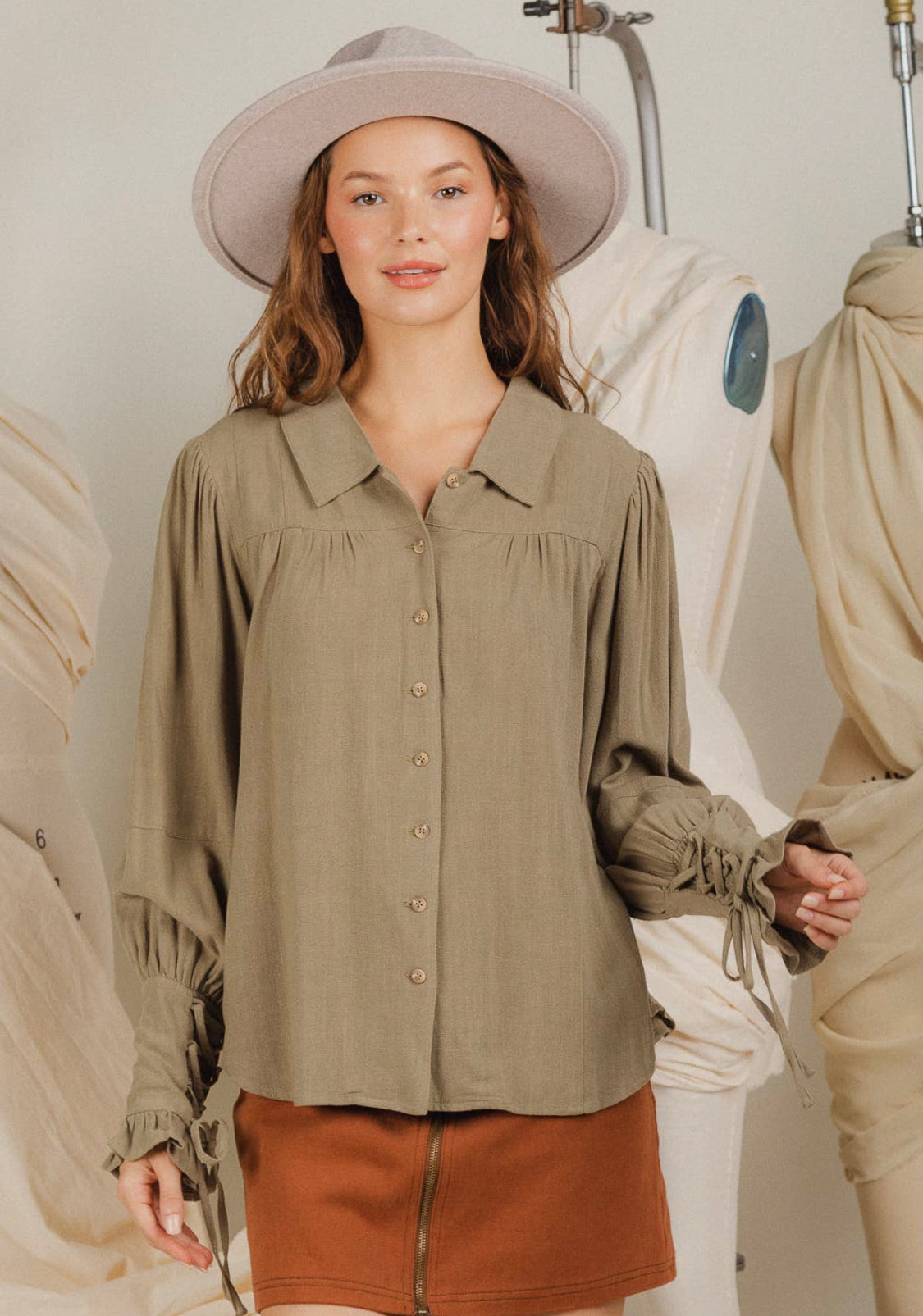 Serenity Peasant Style Solid Olive Long Sleeve Blouse