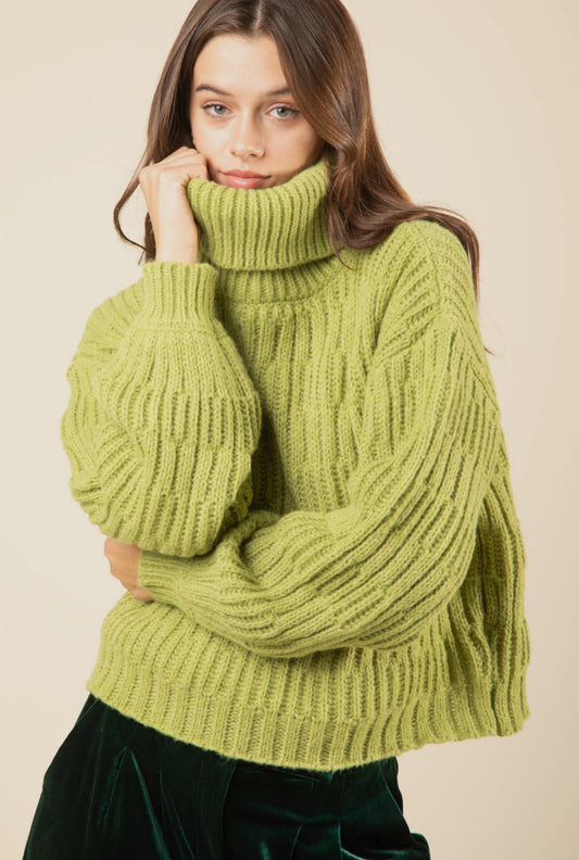 Green Oversized Chunky Turtle Neck Sweater