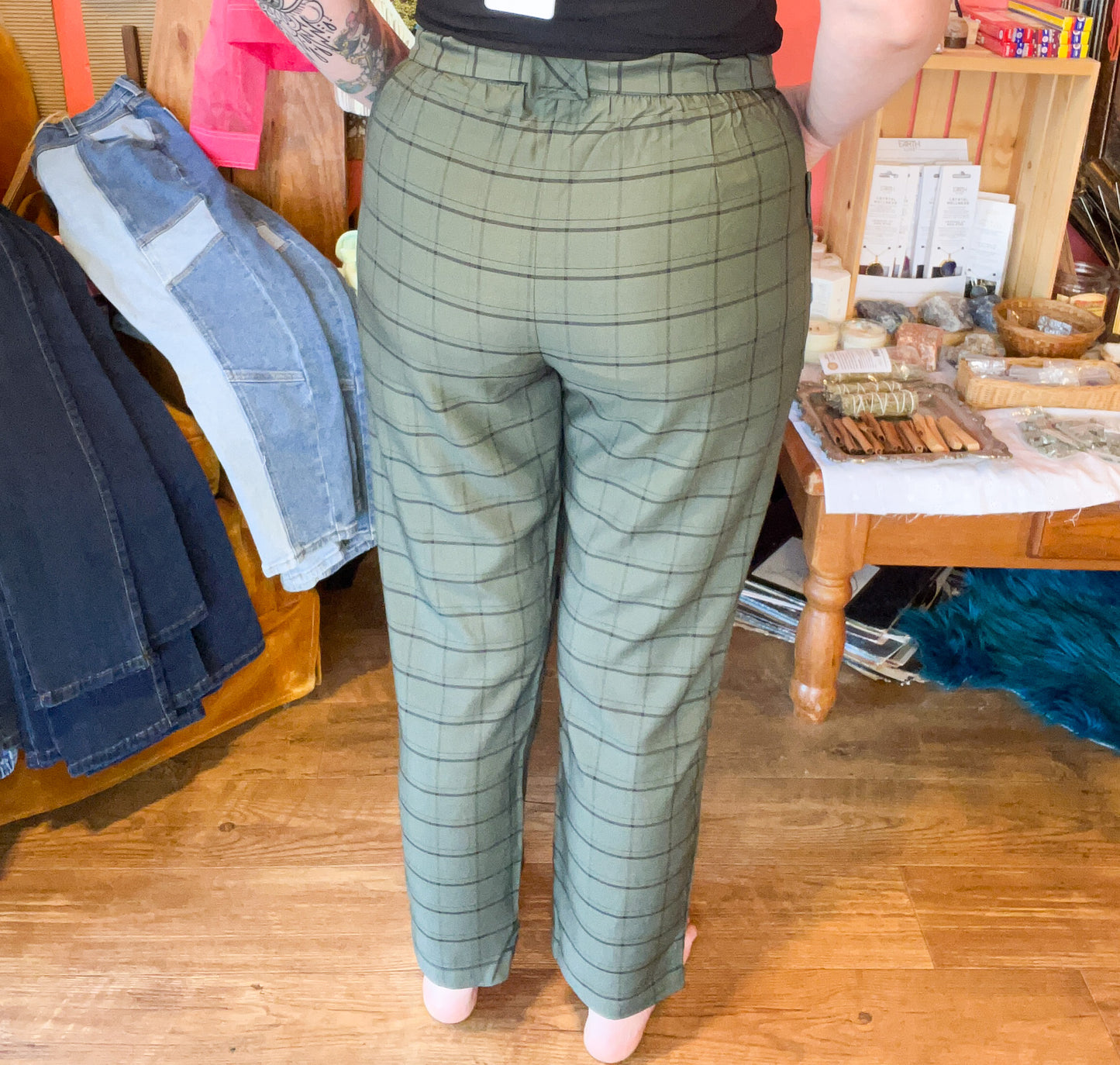 Olive Plaid Belted Pants with Pockets