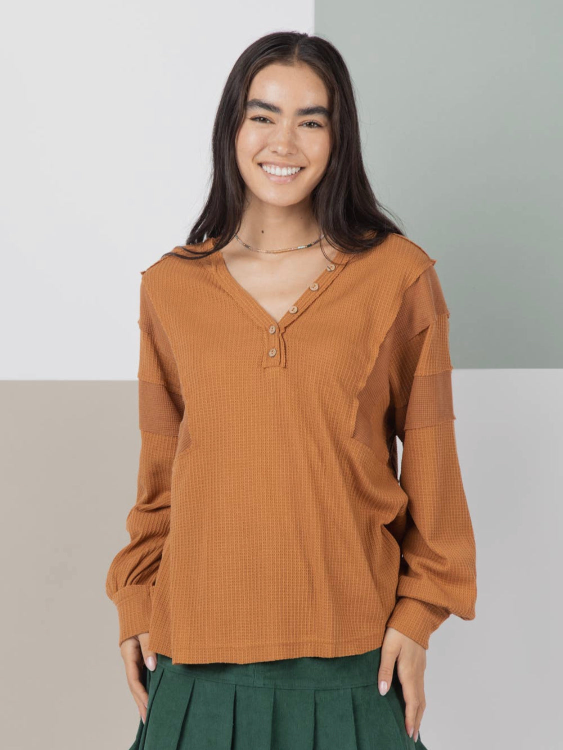 Cozy Days Solid Knit Waffle Henley Long Sleeve Top