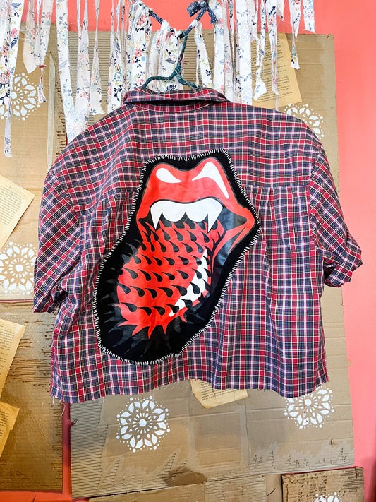 Spooky Upcycled Punk Rock Lips Cropped Buttonup