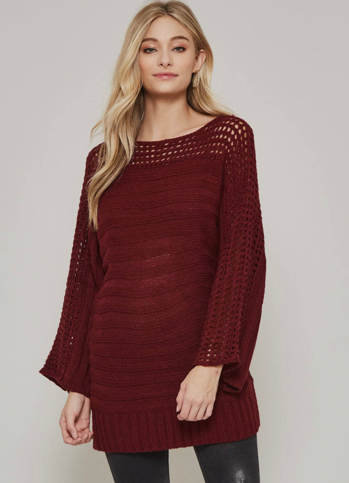Solid Maroon Sweater with an Open Weave Knit Neckline