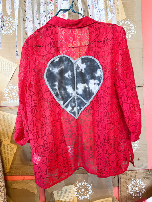 Upcycled Hand Sewn Tie Dye Heart Peace Sign Top