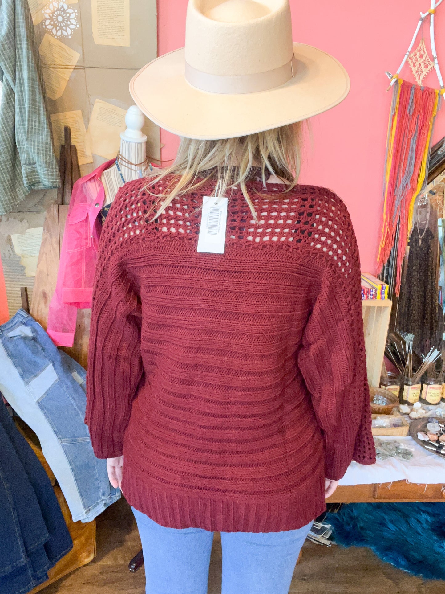 Solid Maroon Sweater with an Open Weave Knit Neckline