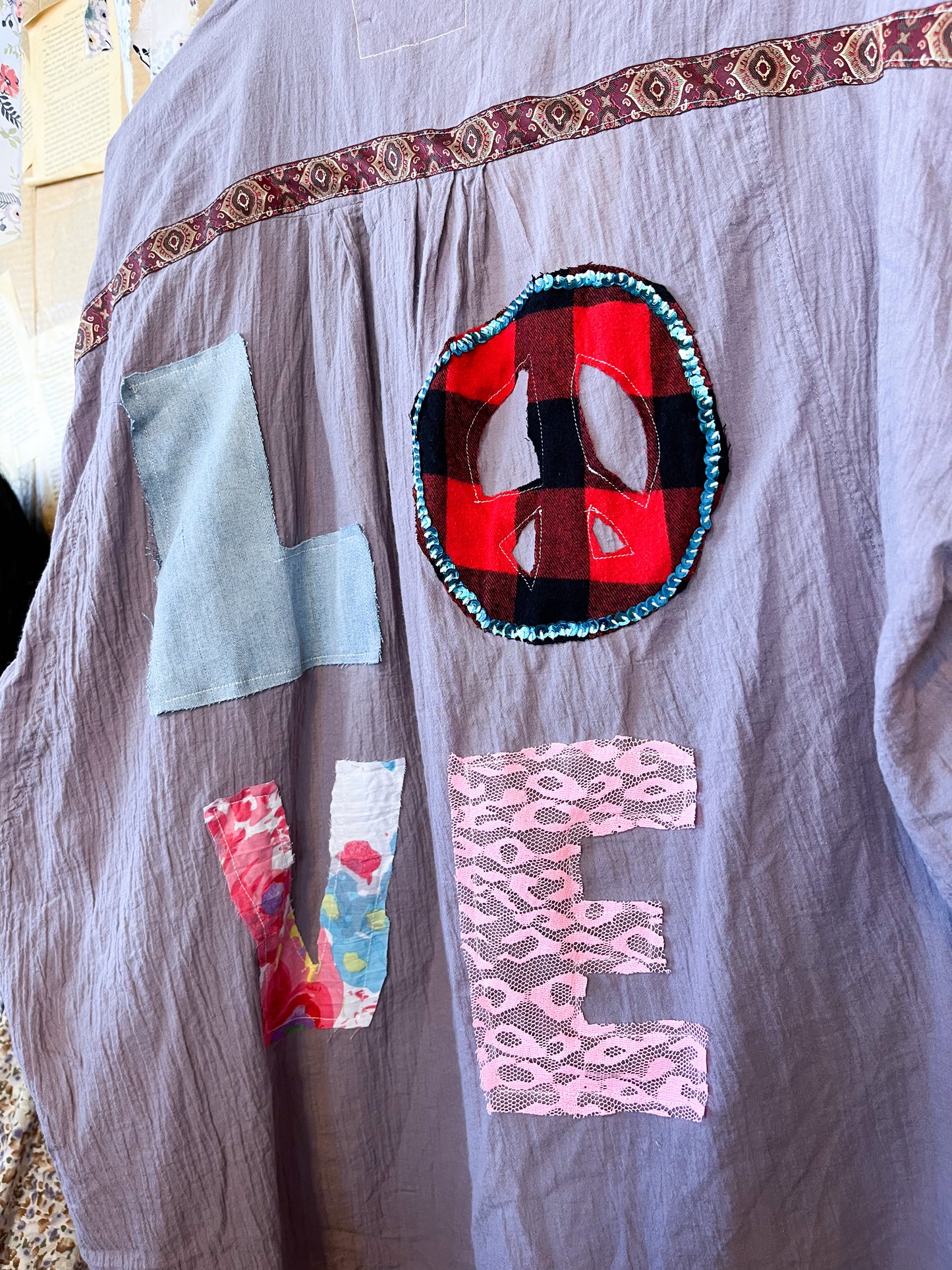 Upcycled Boho Patchwork Love Buttonup Short Sleeve Shirt