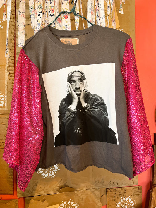 Upcycled Pink Sequin Tupac Graphic Tee