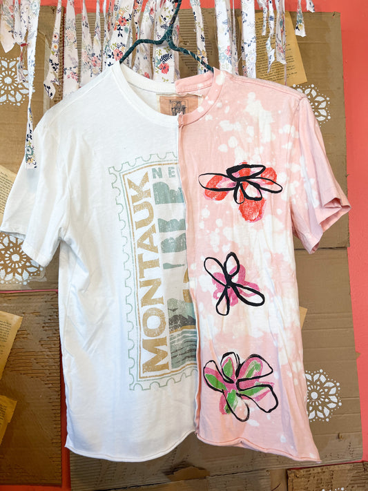 Upcycled Stamp and Pink Floral Graphic Tee