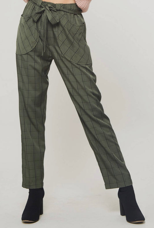 Olive Plaid Belted Pants with Pockets