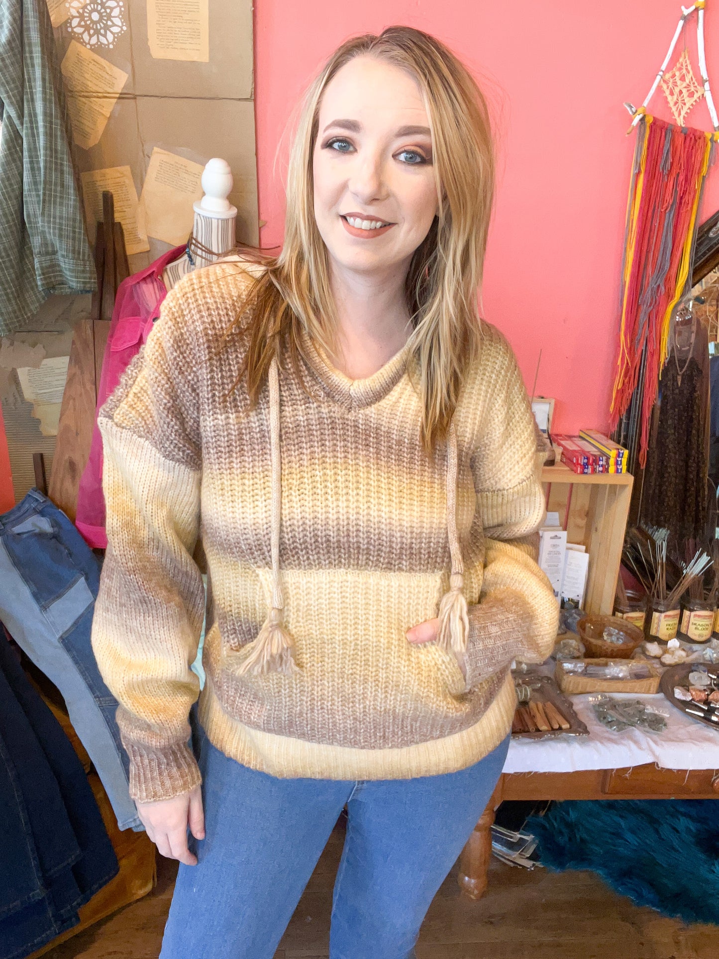 Shady Grove Neutral Ombre Knit Sweater Hoodie Top