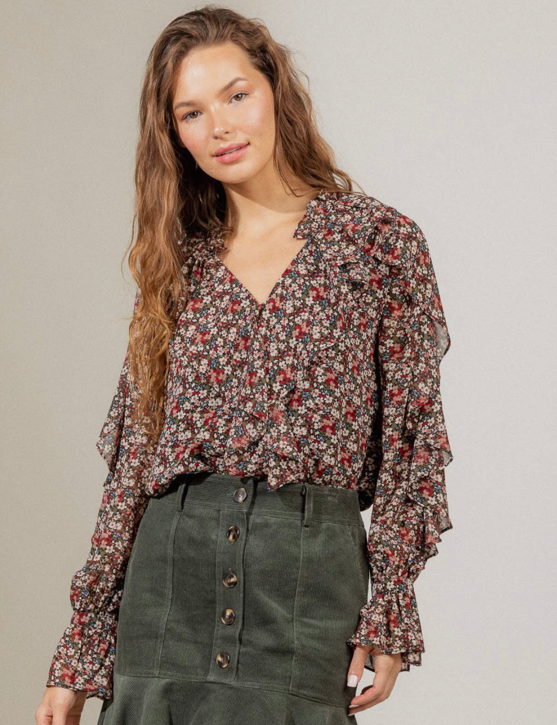 Mary Anne Floral Print Ruffle Long Sleeve Blouse