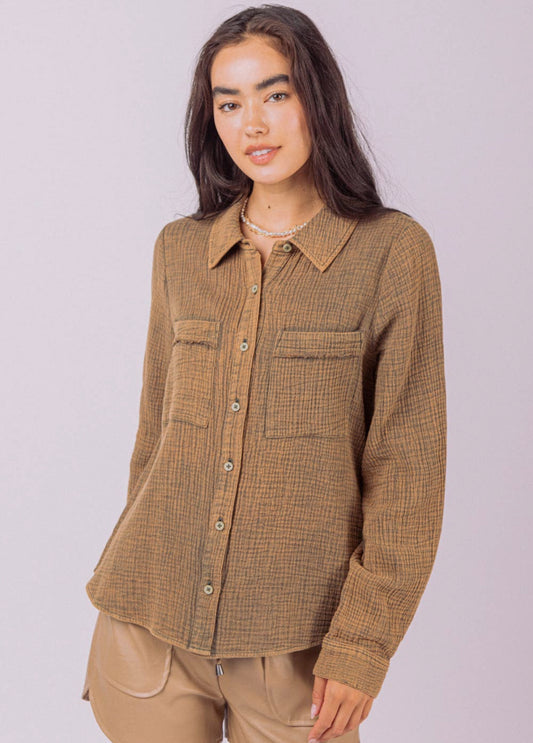 Long Sleeve Mineral Wash Buttonup Olive Top