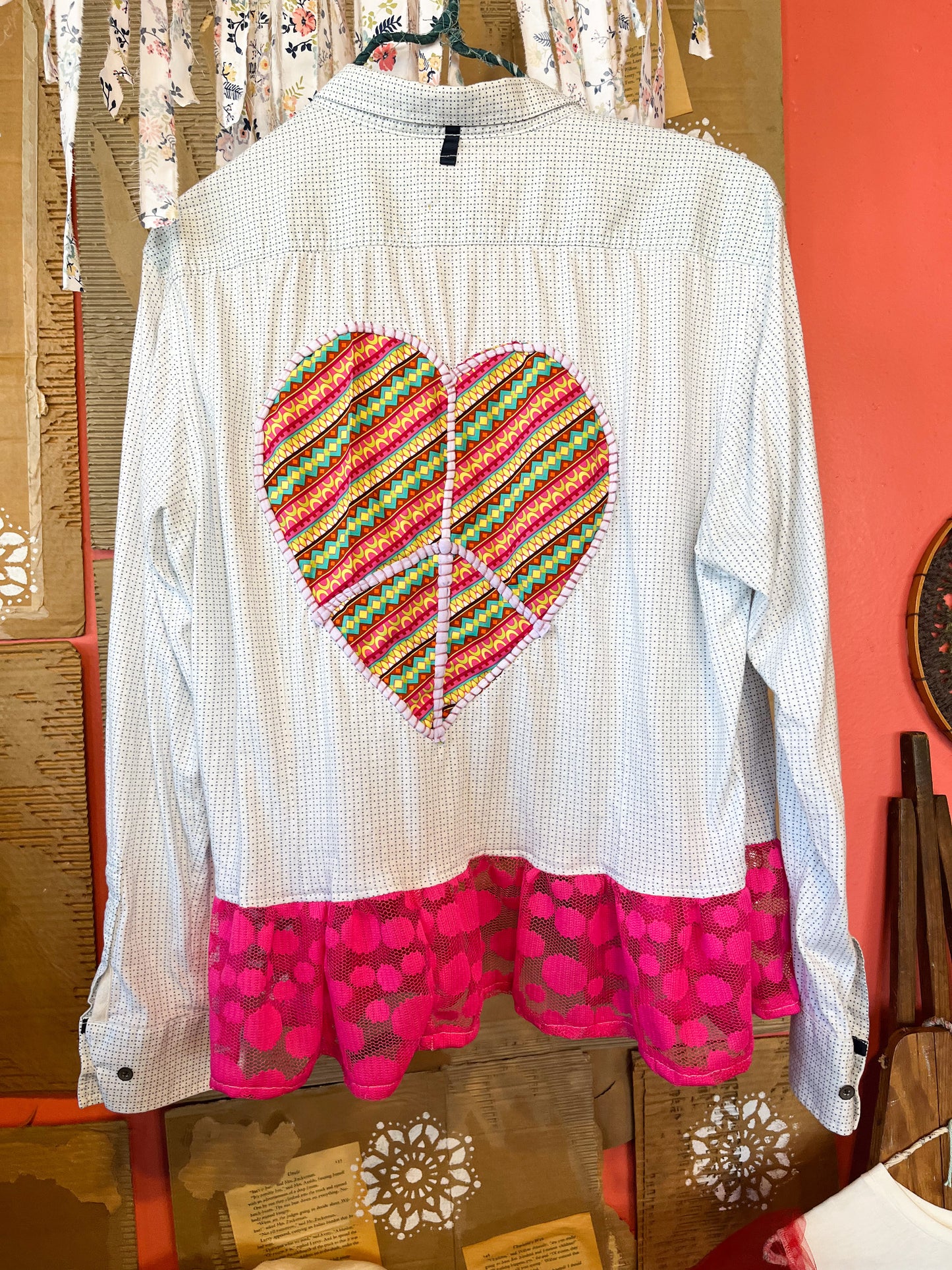 Upcycled Hand Sewn Patchwork Heart Peace Sign Buttonup Top