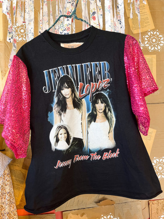 Upcycled Pink Sequin Sleeves Jennifer Lopez Graphic Tee
