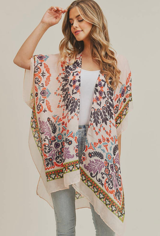 Camille Coral and Black Floral Print One Size Kimono