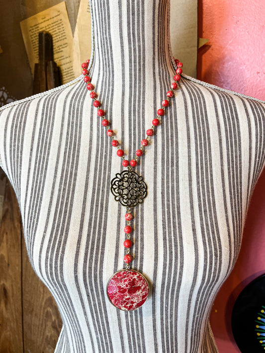 Supernova Red Bead Chain Y-Pendant Necklace